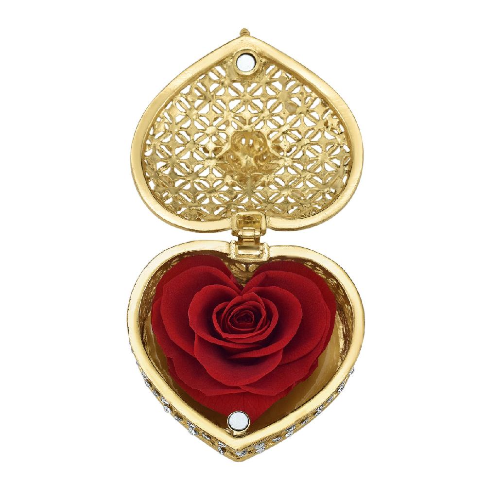 so charm Écrin doré en forme de coeur orné de Cristaux scintillants et sa rose stabilisée