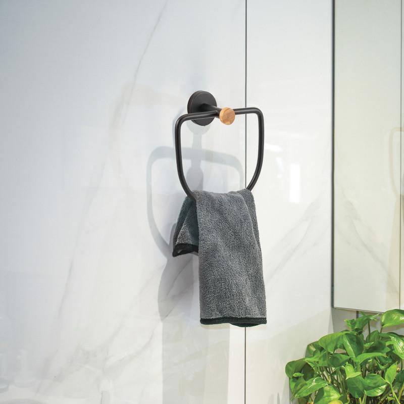 Spirella Anneau Porte Serviettes Mural En Acier & Bambou IANA Noir Mat MSV