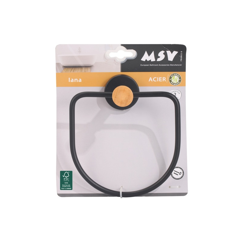 Spirella Anneau Porte Serviettes Mural En Acier & Bambou IANA Noir Mat MSV