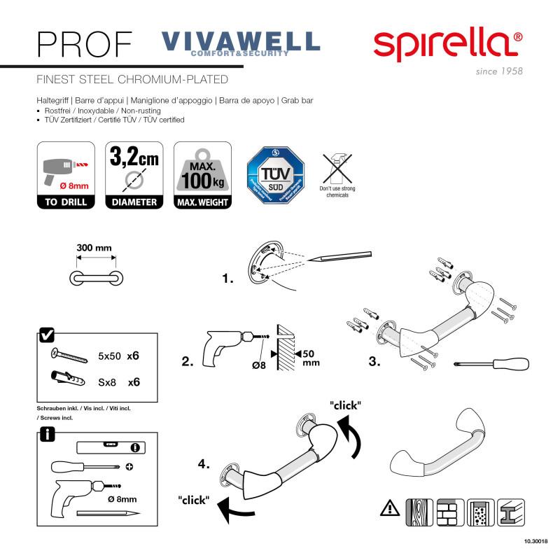Spirella Barre De Redressement Ou D'appui PROF Acier Inox 30cm Chrome Spirella