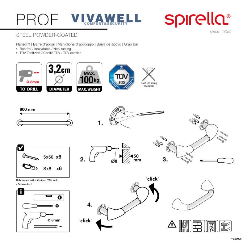 Spirella Barre De Redressement Ou D'appui PROF Acier Inox 80cm Blanc Spirella