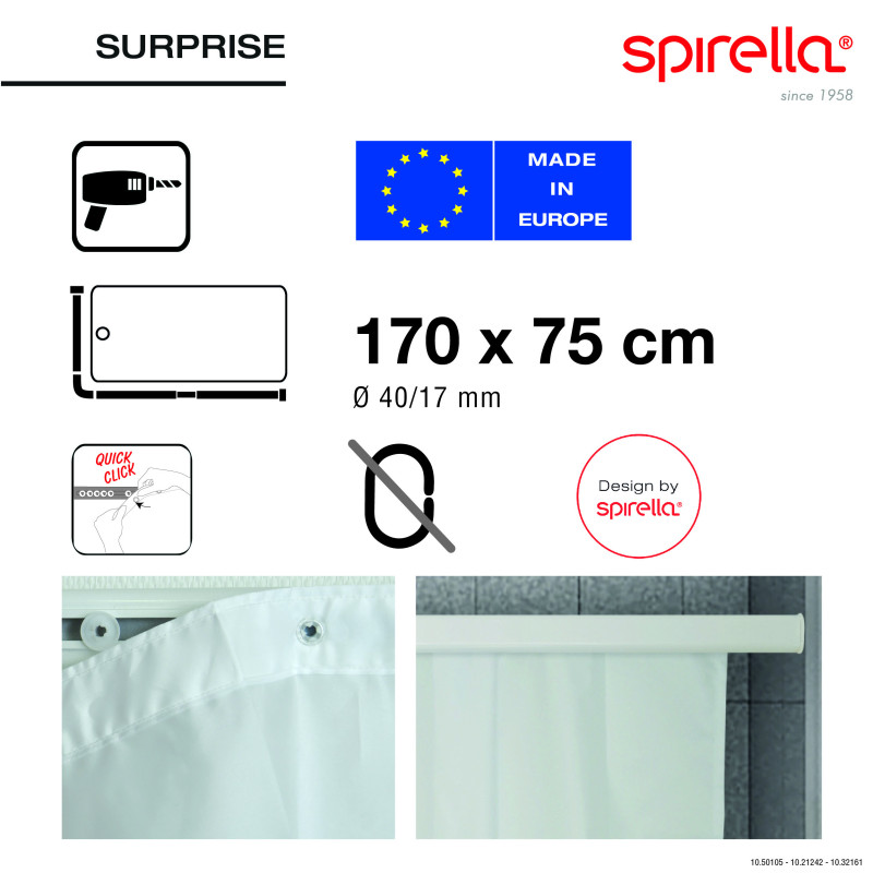 Spirella Barre Tringle Pour Rideau De Douche D'angle à  Fixer En Alu SURPRISE 170x75cm Blanc Spirella