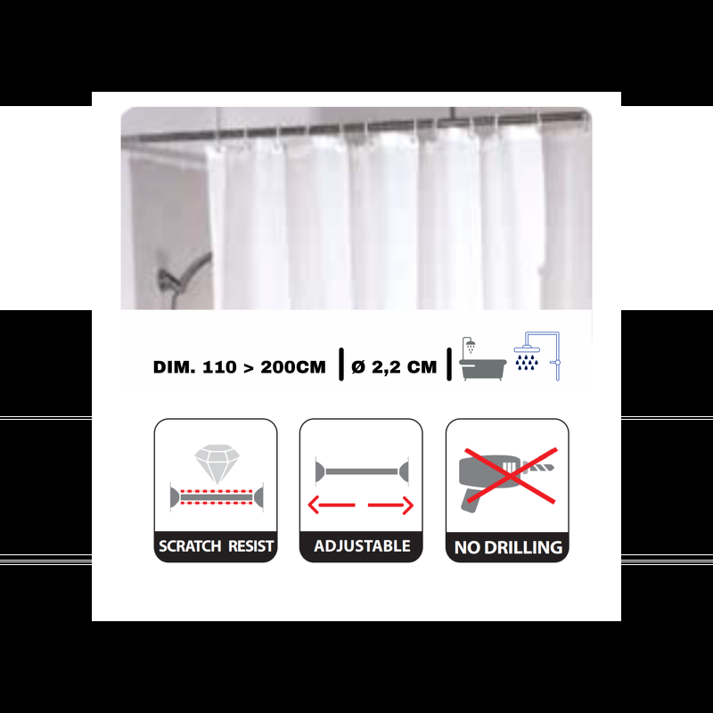 Spirella Barre Tringle Pour Rideau De Douche Ou Baignoire Extensible Sans Perçage 110-200cm Inox MSV