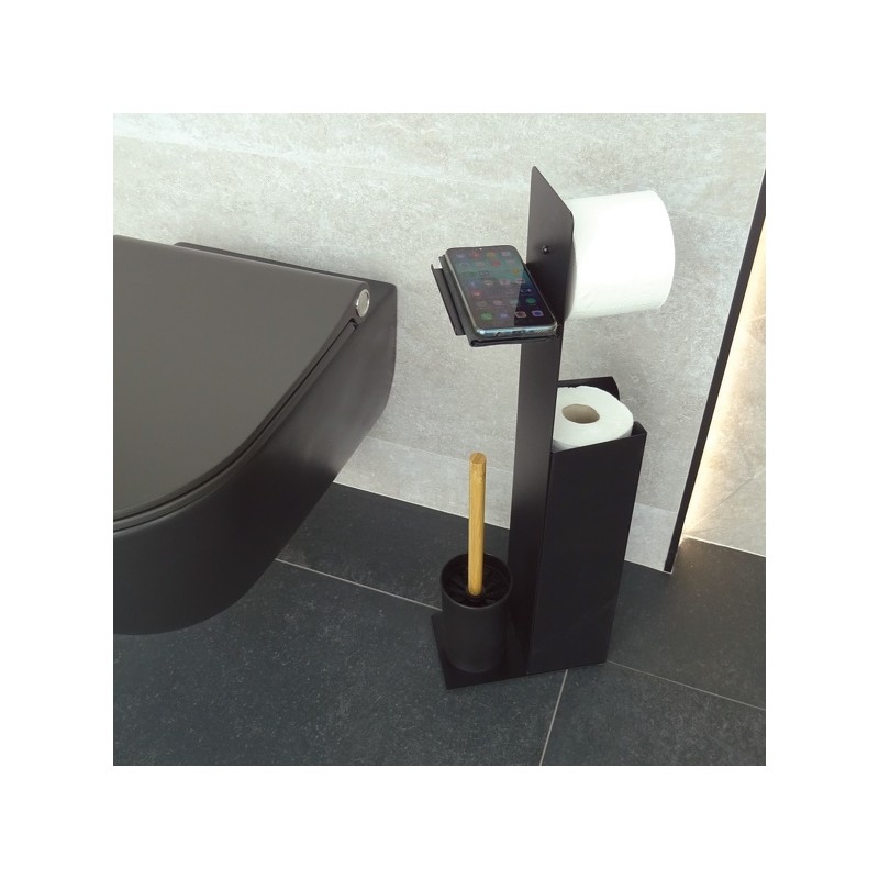 Spirella Combiné Wc Avec Support Smartphone Acier & Bambou YONI Noir Mat Spirella