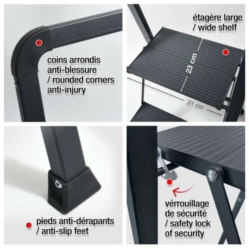 Spirella Escabeau 2 Marches Pliant Anti-dérapant En Acier - Max 150kg (47 5x42 5x85cm) Noir Mat MSV