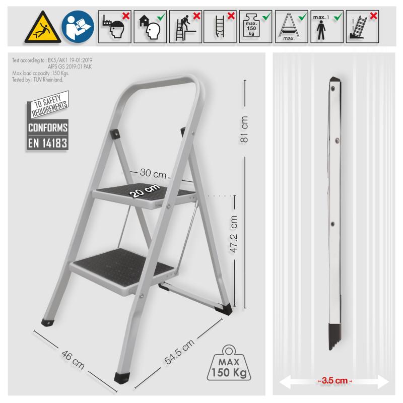 Spirella Escabeau 2 Marches Pliant & Antidérapant En Acier Max 150kg (46x55x82cm) MSV