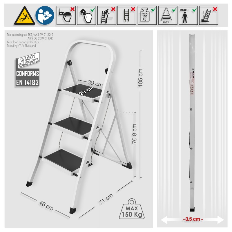 Spirella Escabeau 3 Marches Pliant & Antidérapant Acier Max 150kg (46x71x105cm) MSV
