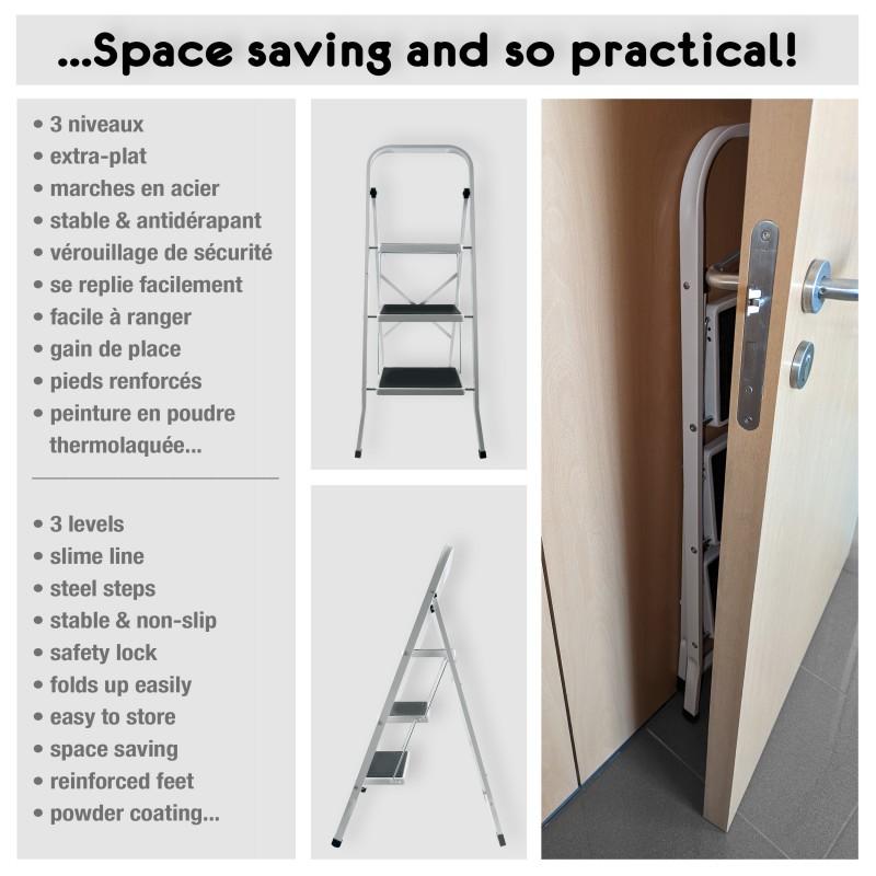 Spirella Escabeau 3 Marches Pliant & Antidérapant Acier Max 150kg (46x71x105cm) MSV