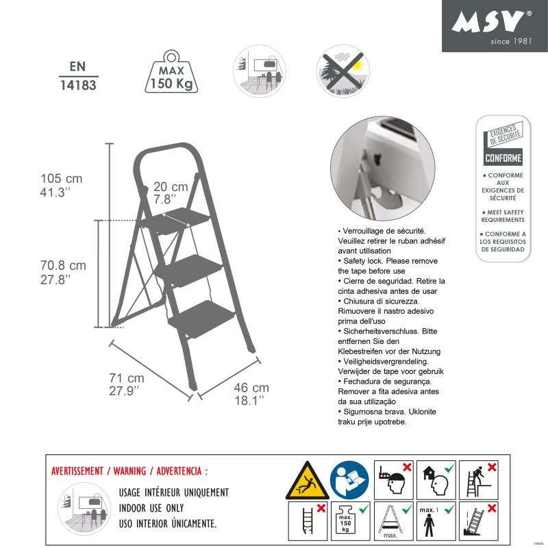 Spirella Escabeau 3 Marches Pliant En Acier Max 150kg (46x71x105cm) MSV