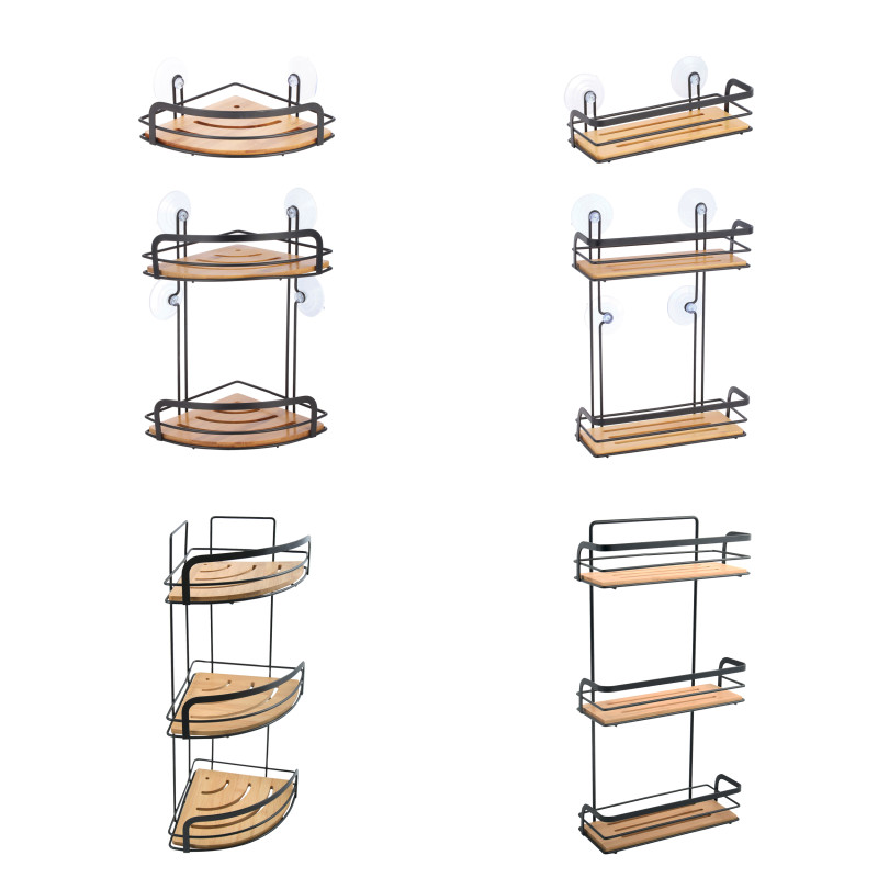 Spirella Etagère D'angle De Douche 2 Niveaux à  Ventouses HIKO Bambou & Acier Noir MSV