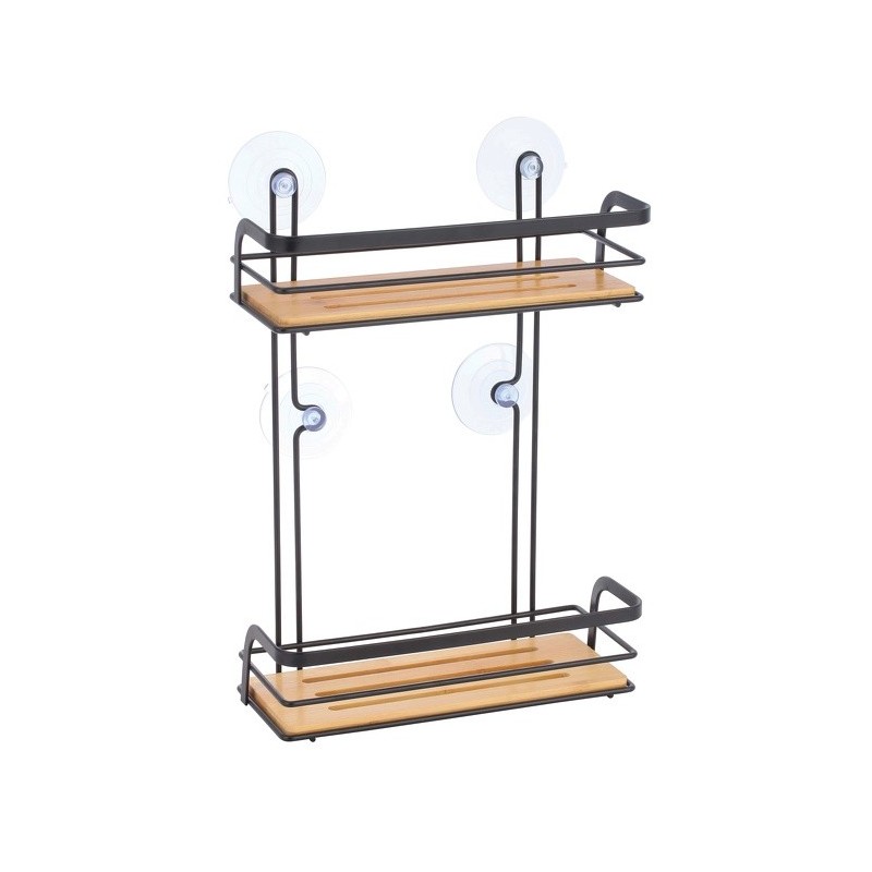 spirella Etagère de douche 2 niveaux à  ventouses HIKO Bambou & Acier Noir MSV