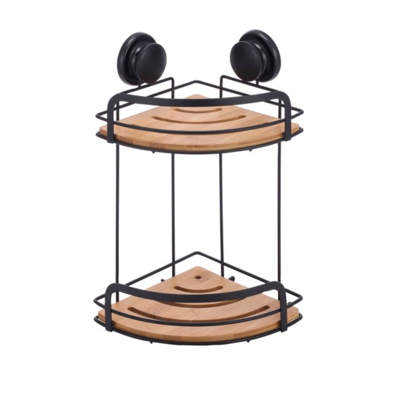 spirella Etagère de douche d'angle à  ventouses 2 Niveaux Bambou & Acier Noir mat MSV
