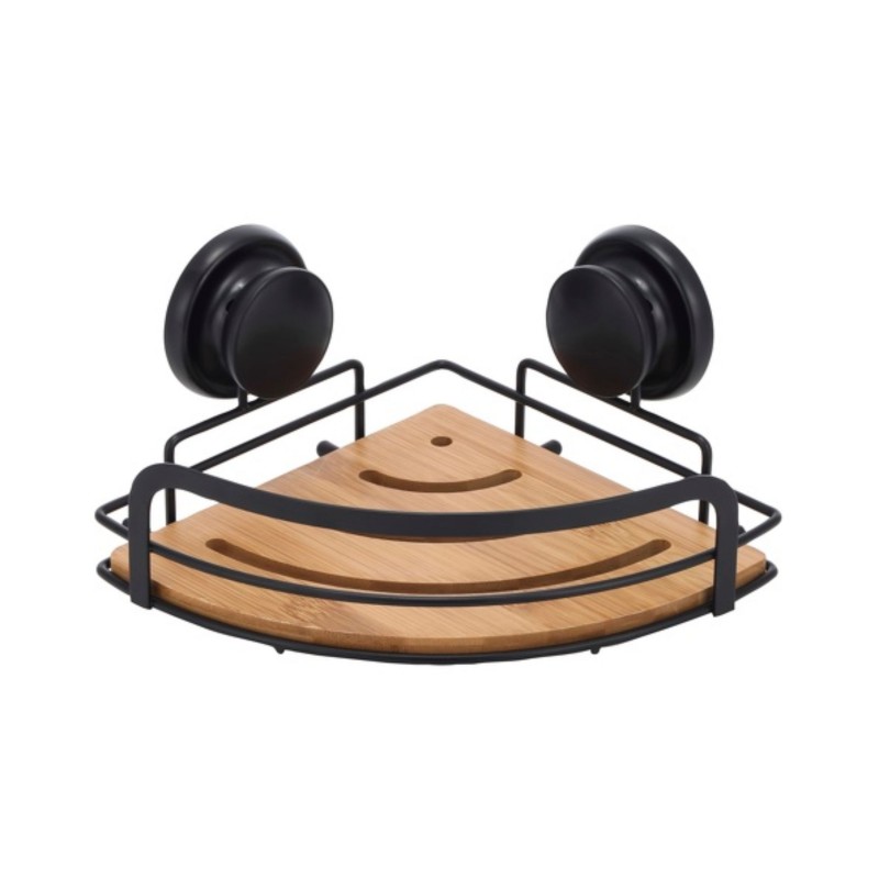 spirella Etagère Panier de douche d'angle MEGA VENTOUSES Bambou & Acier Noir mat MSV