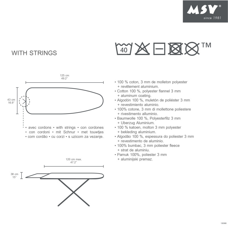 Spirella Housse Table à  Repasser 100 % Coton Avec élastique Couleurs Assorties MSV