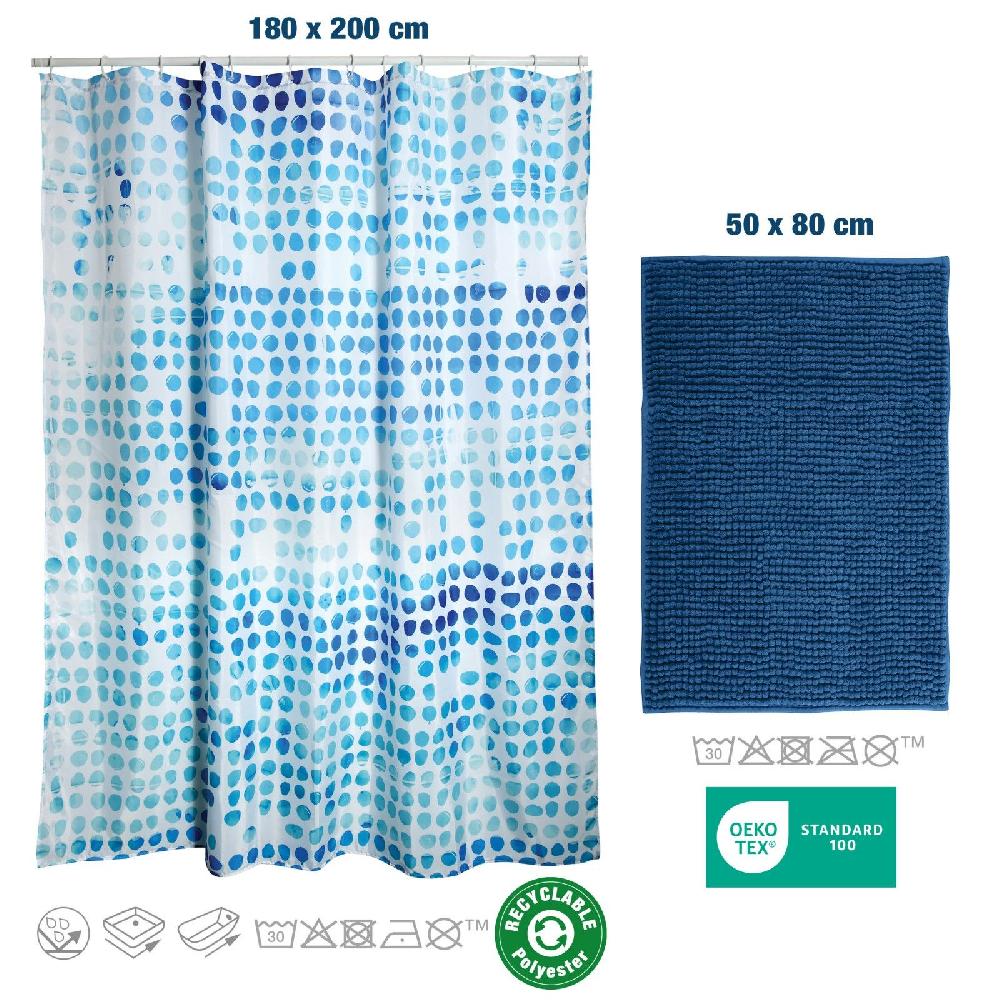Spirella Lot D'un Rideau De Douche Watercolor MSV Et D'un Tapis Chenille Bleu Foncé