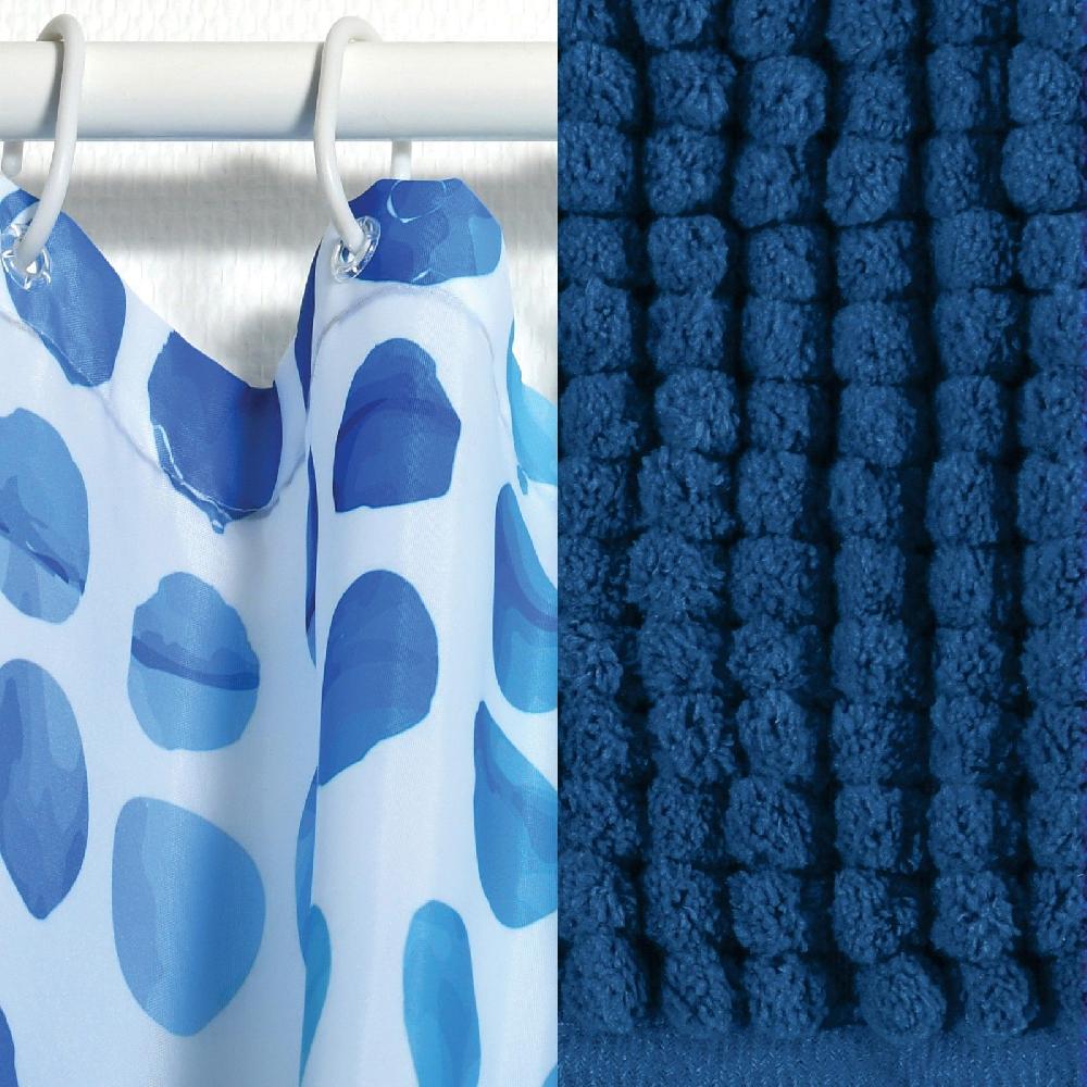 Spirella Lot D'un Rideau De Douche Watercolor MSV Et D'un Tapis Chenille Bleu Foncé
