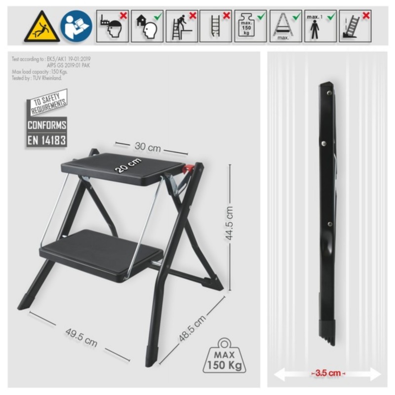 Spirella Marche Pied 2 Marches Pliant & Anti-dérapant Léger En Acier - Max 150kg - Noir Mat MSV