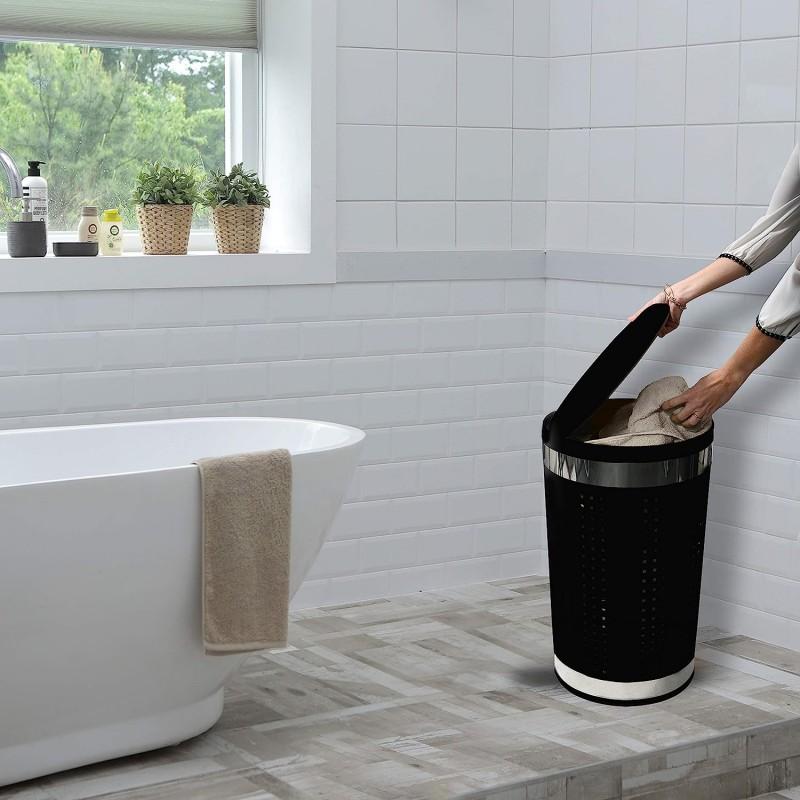 Spirella Panier à Linge 46L Avec Couvercle Coussin Inox Noir MSV