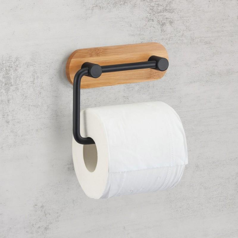 Spirella Porte Rouleau Papier Wc Adhésif YONO Acier Noir Mat & Bambou MSV