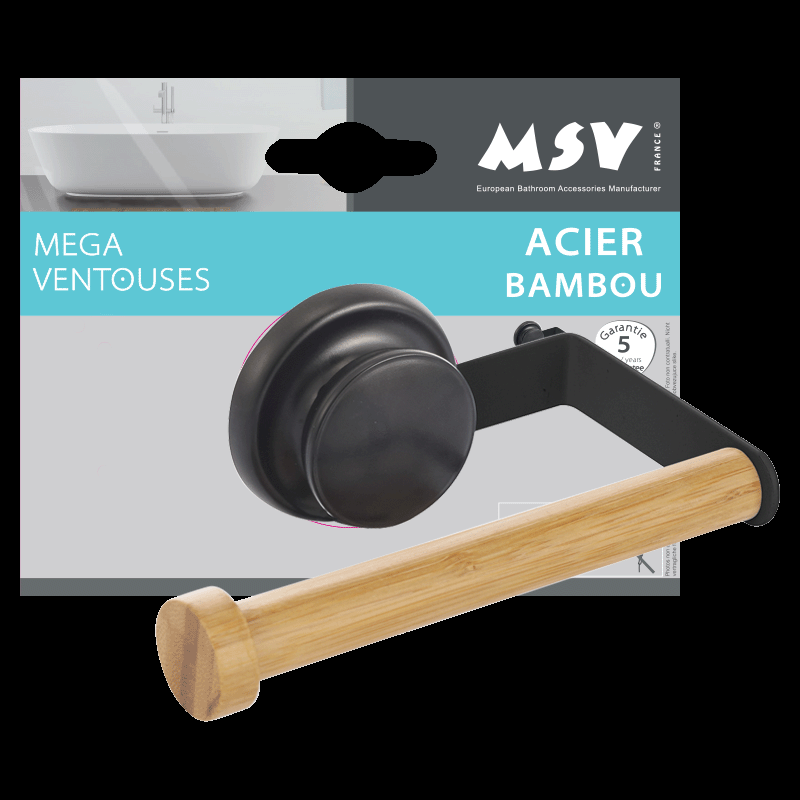 Spirella Porte Rouleau Papier Wc Mural MEGA VENTOUSE Bambou & Acier Noir MSV