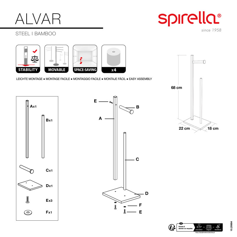 Spirella Porte Rouleau Papier Wc Sur Pied Acier & Bambou ALVAR Noir Mat Spirella