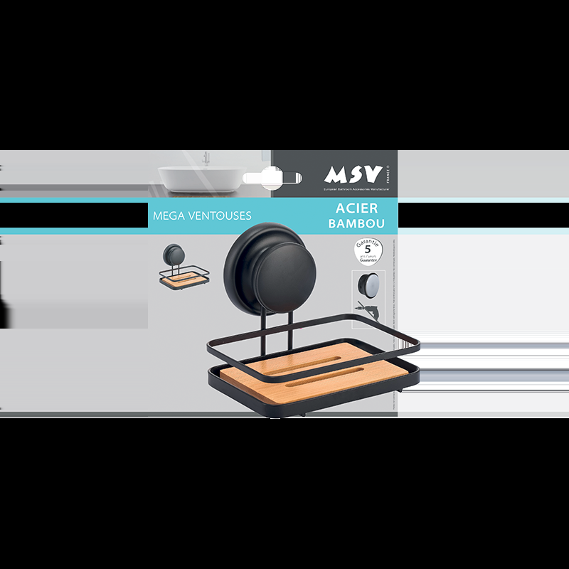 Spirella Porte Savon Avec Mega Ventouse Acier & Bambou Noir Mat MSV