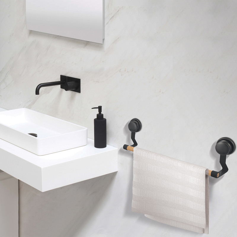 Spirella Porte Serviettes Mural MEGA VENTOUSES Bambou & Acier Noir Mat MSV