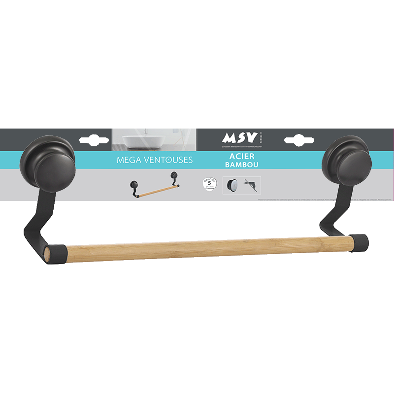 Spirella Porte Serviettes Mural MEGA VENTOUSES Bambou & Acier Noir Mat MSV