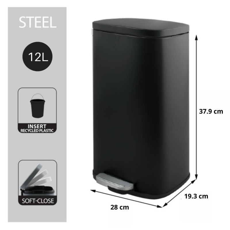 Spirella Poubelle à  Pédale Acier AKIRA 12L Noir Mat Spirella