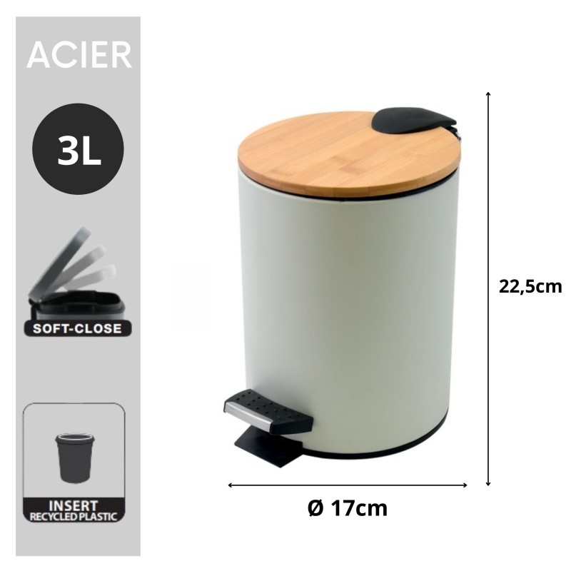 Spirella Poubelle à  Pédale Acier & Bambou ADONIS 3L Blanc Spirella