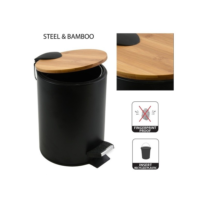 Spirella Poubelle à Pédale Acier & Bambou ADONIS 3L Noir Spirella