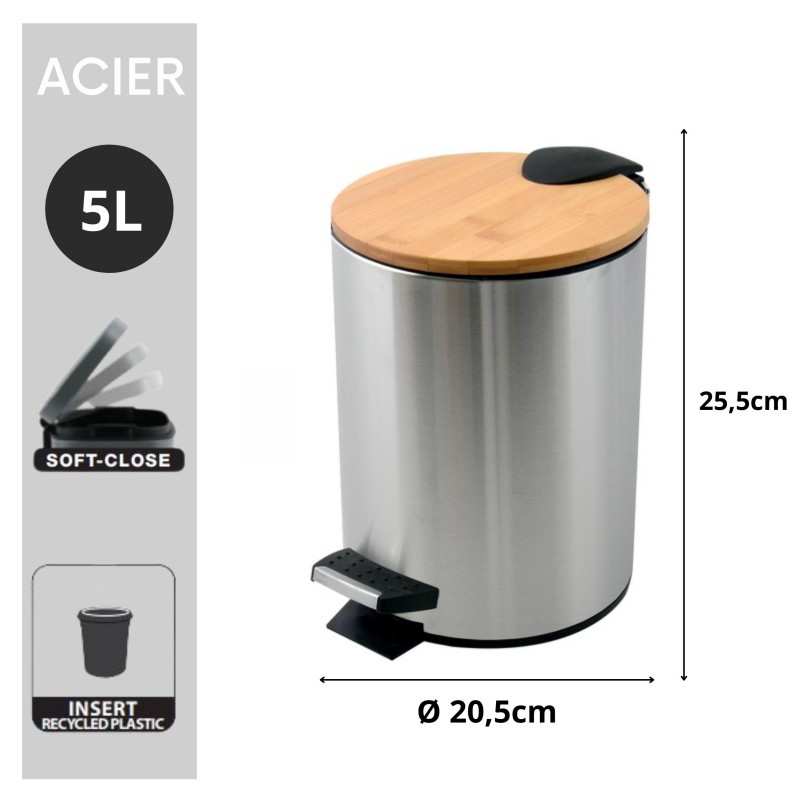 Spirella Poubelle à  Pédale Acier & Bambou ADONIS 5L Brossé Spirella