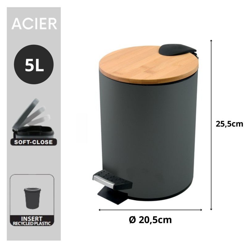 Spirella Poubelle à  Pédale Acier & Bambou ADONIS 5L Gris Anthracite Mat Spirella
