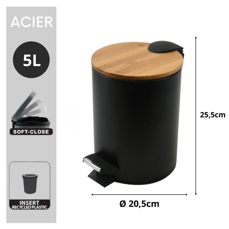 Spirella Poubelle à  Pédale Acier & Bambou ADONIS 5L Noir Spirella