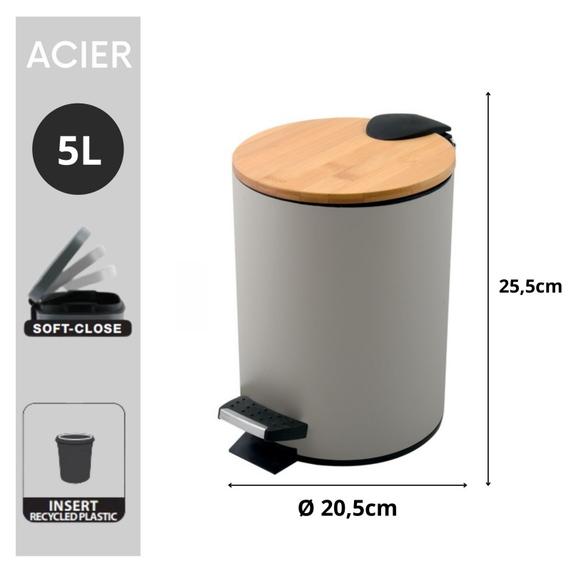 Spirella Poubelle à  Pédale Acier & Bambou ADONIS 5L Taupe Mat Spirella