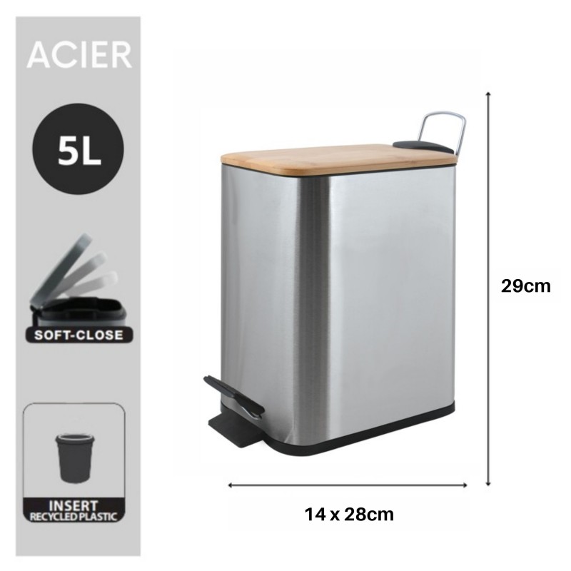 Spirella Poubelle à  Pédale Acier & Bambou ERIK 5L Brossé Spirella