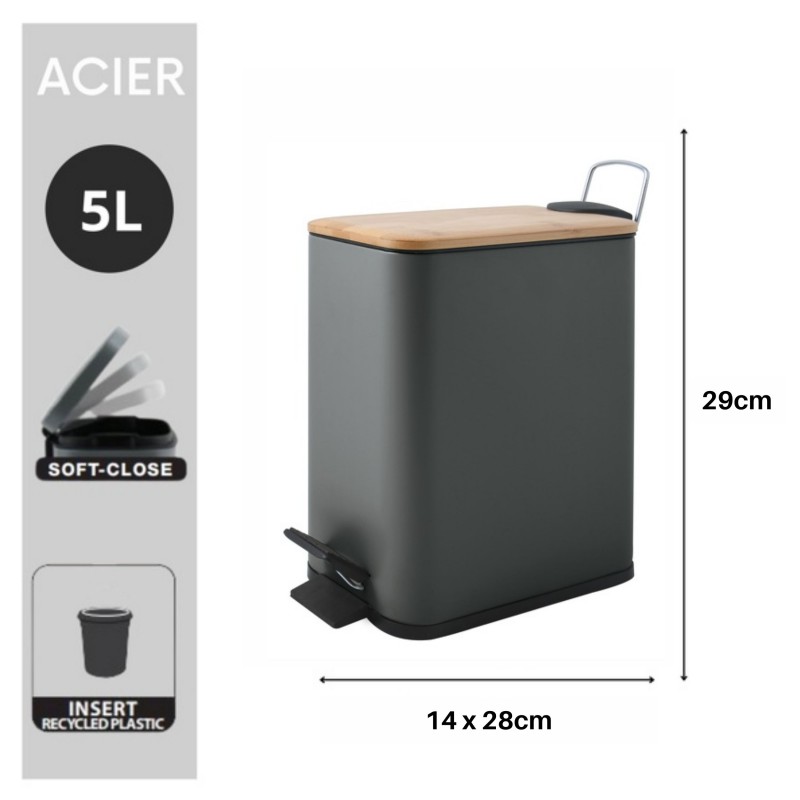 Spirella Poubelle à  Pédale Acier & Bambou ERIK 5L Gris Foncé Mat Spirella