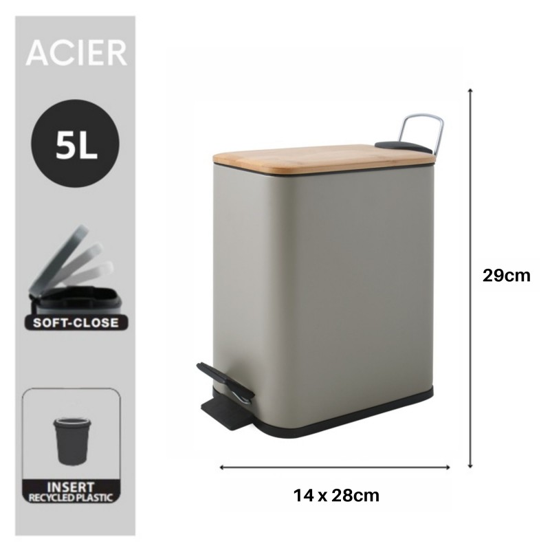 Spirella Poubelle à  Pédale Acier & Bambou ERIK 5L Taupe Mat Spirella