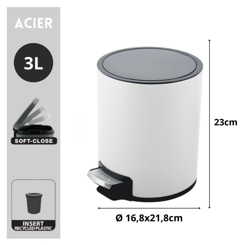 Spirella Poubelle à  Pédale Inox RIKU 3L Blanc Mat Spirella