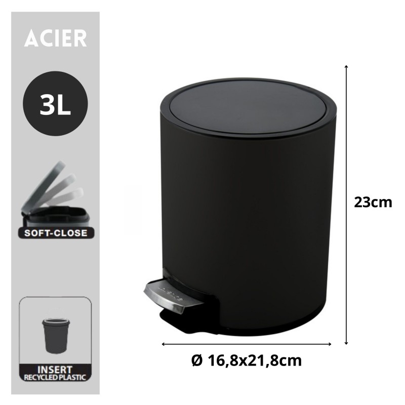 Spirella Poubelle à  Pédale Inox RIKU 3L Noir Mat Spirella