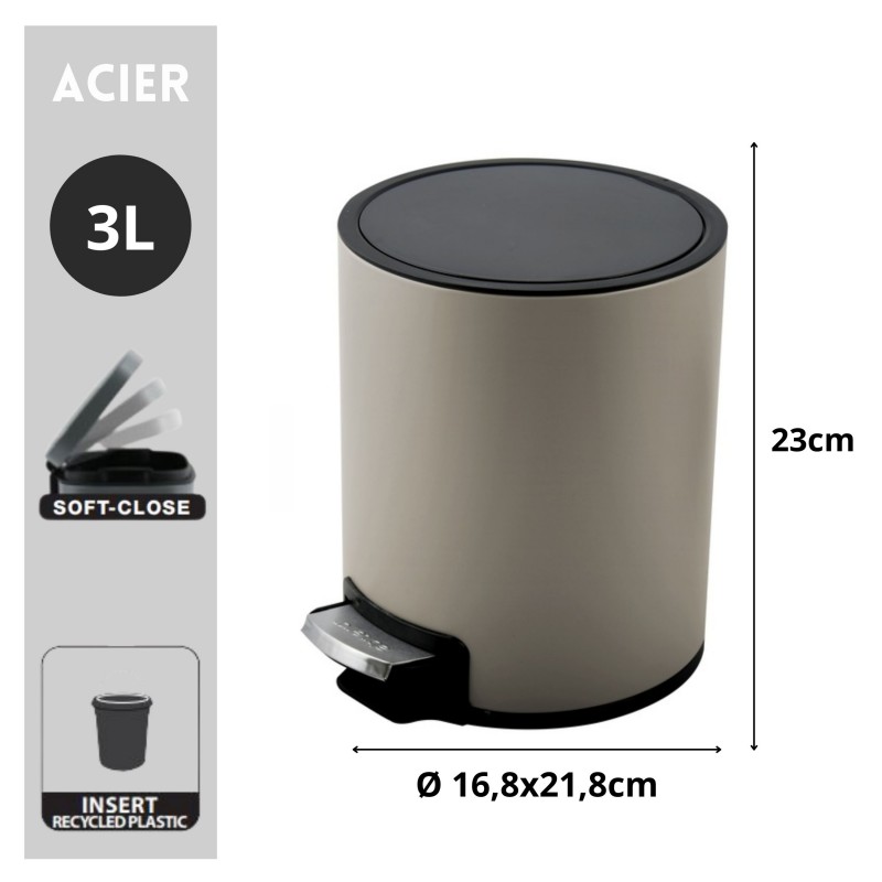 Spirella Poubelle à  Pédale Inox RIKU 3L Taupe Mat Spirella