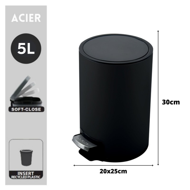 Spirella Poubelle à  Pédale Inox RIKU 5L Noir Mat Spirella