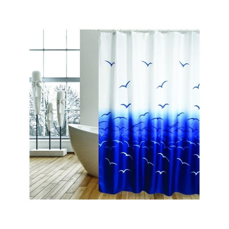 spirella Rideau de douche Polyester 180x200cm Mouettes Bleu & Blanc - Anneaux inclus MSV