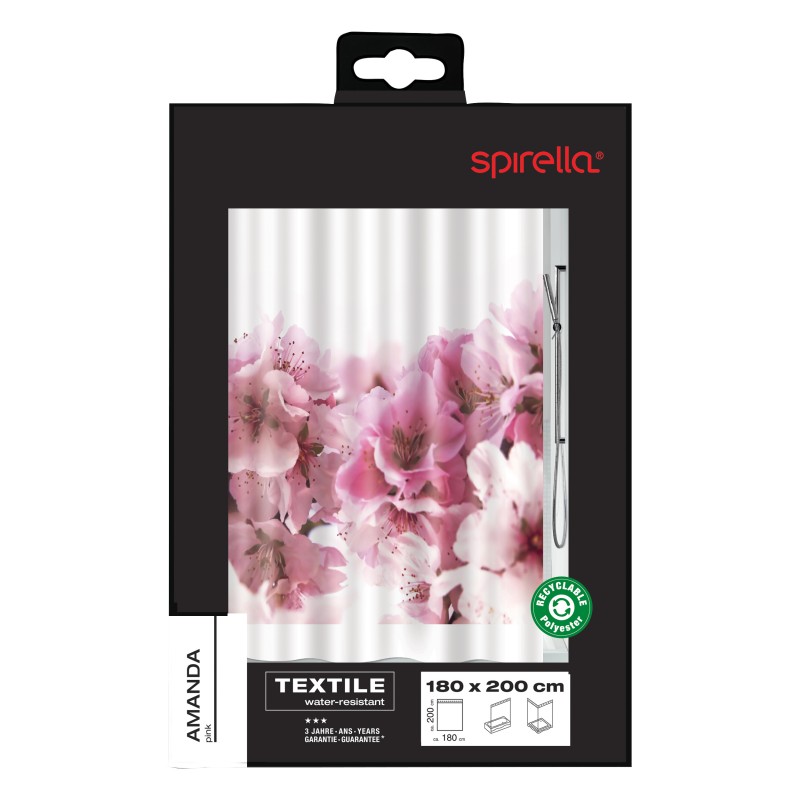 Spirella Rideau De Douche Polyester AMANDA 180x200cm Fleur Rose Spirella