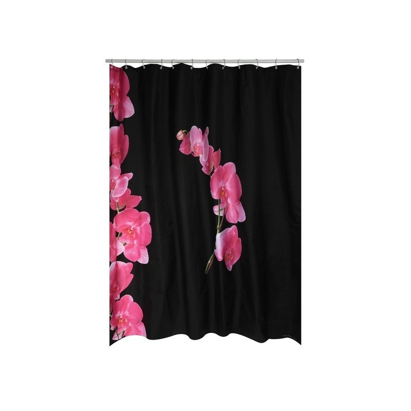 Spirella Rideau De Douche Polyester LANYU 180x200cm Motif Fleurs Noir & Rose - Anneaux Inclus MSV