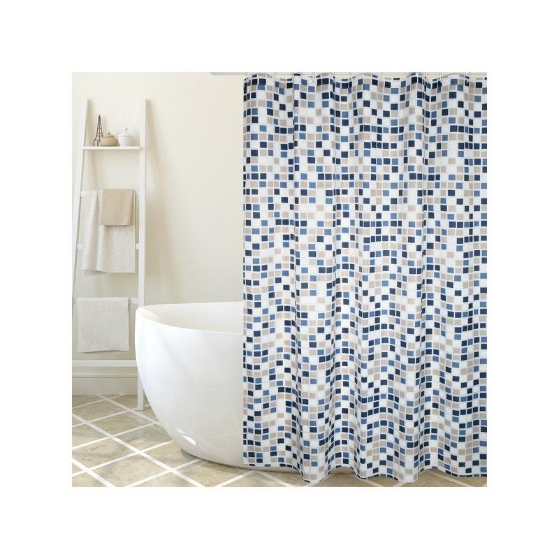 spirella Rideau de douche Polyester MOSAIKO 180x200cm QUALITà PREMIUM Bleu & Beige - Anneaux inclus MSV