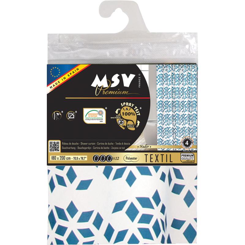 Spirella Rideau De Douche Polyester NADOR 180x200cm QUALITE PREMIUM Bleu & Blanc - Anneaux Inclus MSV