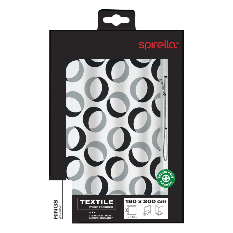 Spirella Rideau De Douche Polyester RINGS 180x200cm Gris & Noir Spirella