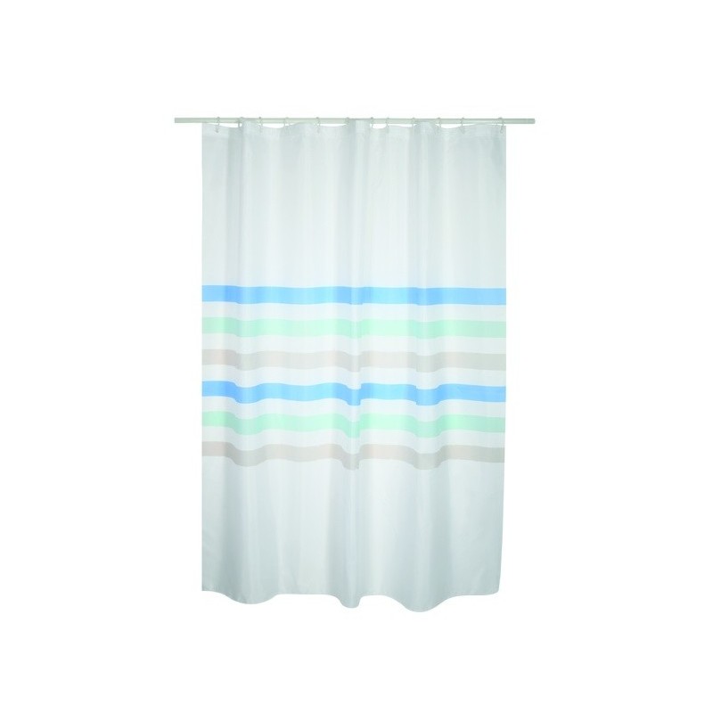 Spirella Rideau De Douche Polyester SEAUVILLE PASTEL 180x200cm QUALITE PREMIUM Bleu & Blanc - Anneaux Inclus MSV