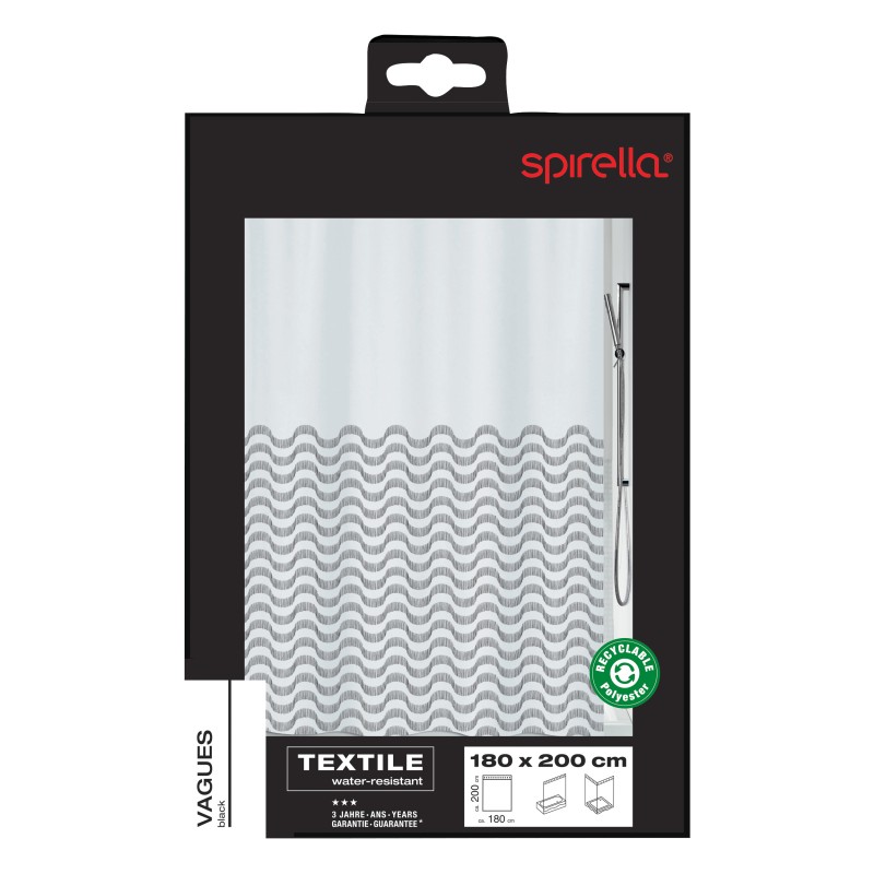 Spirella Rideau De Douche Polyester VAGUES 180x200cm Noir & Blanc Spirella